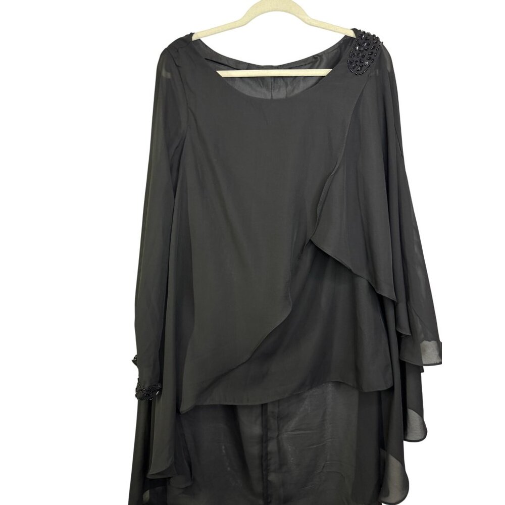 Black Beaded High-Low Chiffon Wedding Dress Long Sleeves Size 14 New With Tags